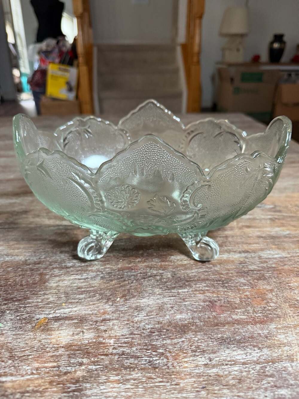 Vintage Jeannette Glass Lombardi Pattern Footed Oval Bowl in Ice Blue
